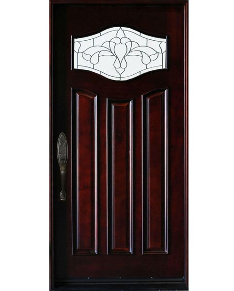 Single front entry door with decorative glass panel and elegant Paris-style design, straight-on view