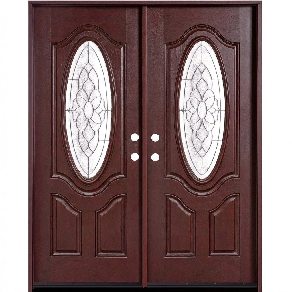  Fiberglass front door with wood grain texture in dark mahogany finish