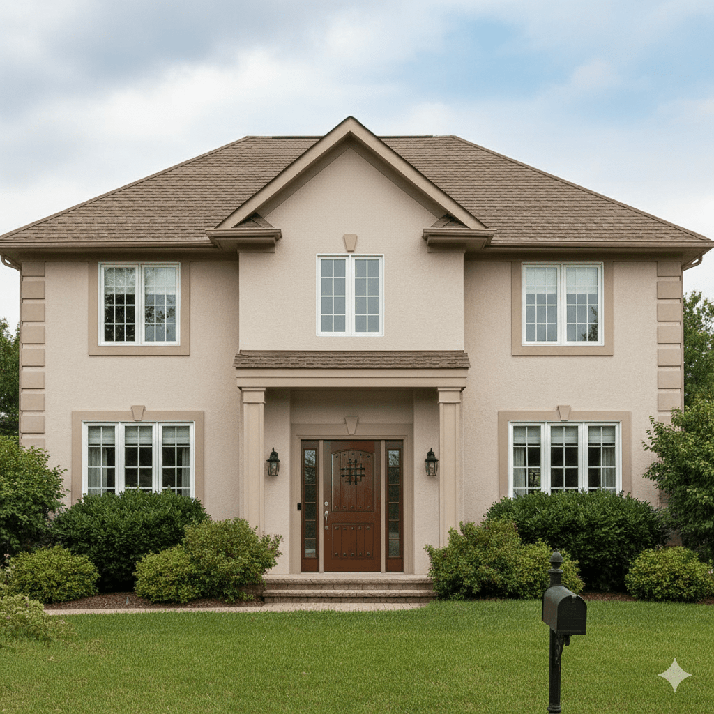 Modern single castle style fiberglass entry door on house