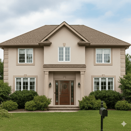 Modern single castle style fiberglass entry door on house