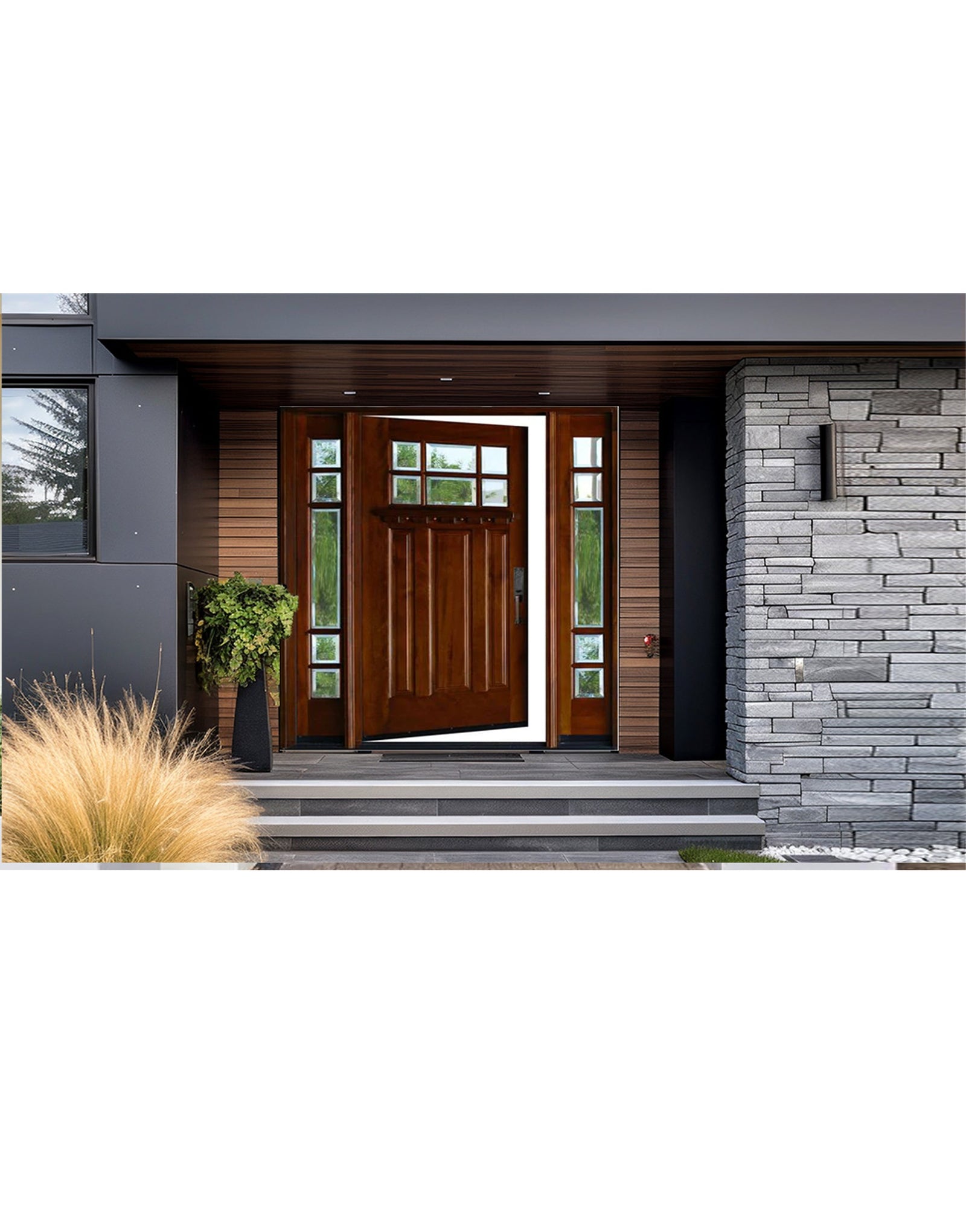 Elegant wood entry door on luxury home exterior