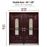 64 x 80 solid wood double front entry door dimensions and frame size diagram