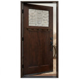 Single wood front door with decorative glass and dark walnut stain with door slightly opened to the left, Brookside door
