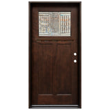Front entry door with two sidelights and decorative glass panels, classic exterior front view, Lefthand inswing