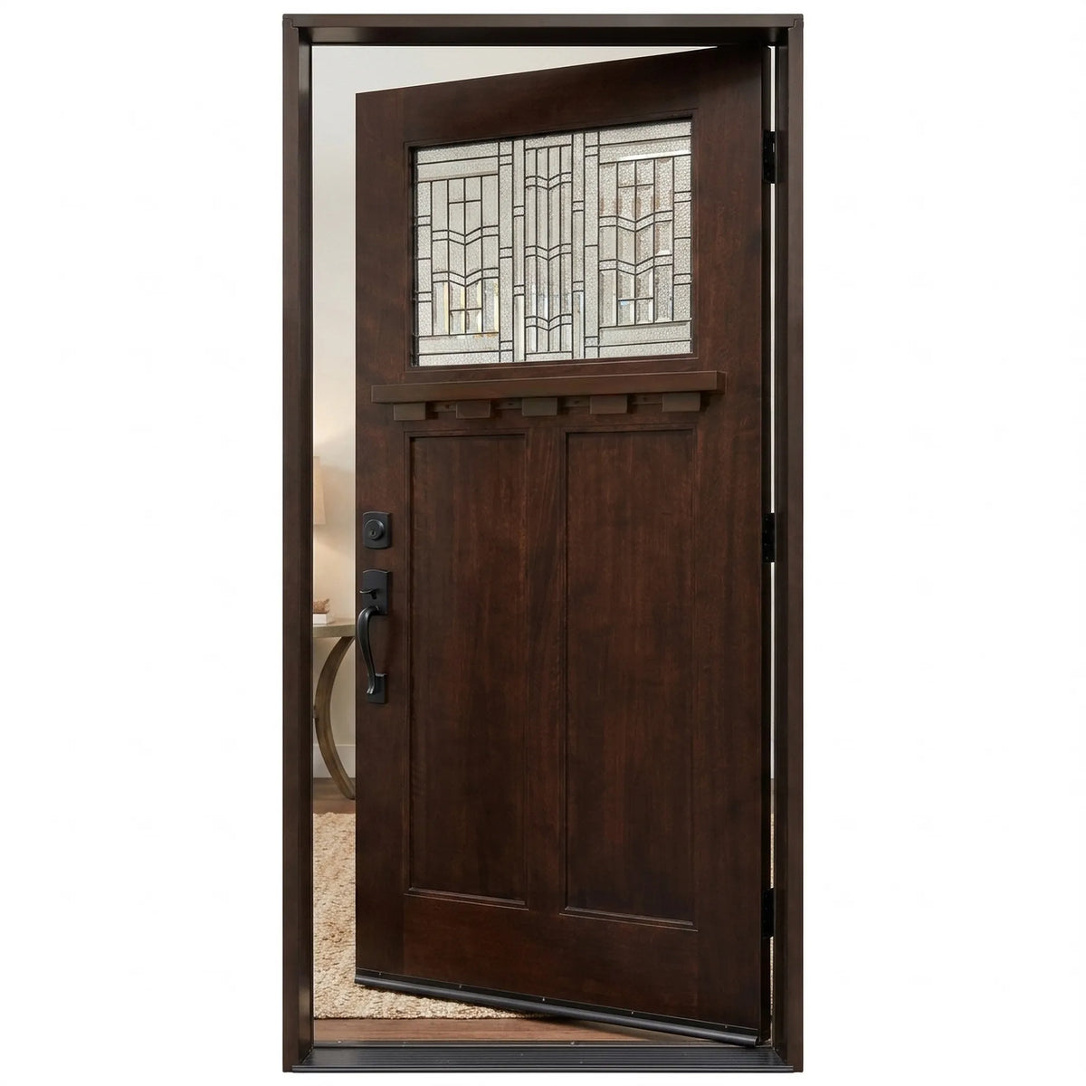 Single wood front door with decorative glass and dark walnut stain with door slightly opened to the right, Brookside door
