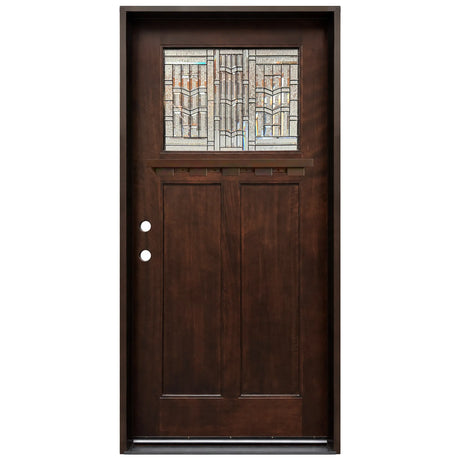 Single front entry door with decorative glass panel and classic design, straight-on view