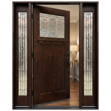 Single wood front door with two sidelights with decorative glass and dark walnut stain with door slightly opened to the left for Brookside door