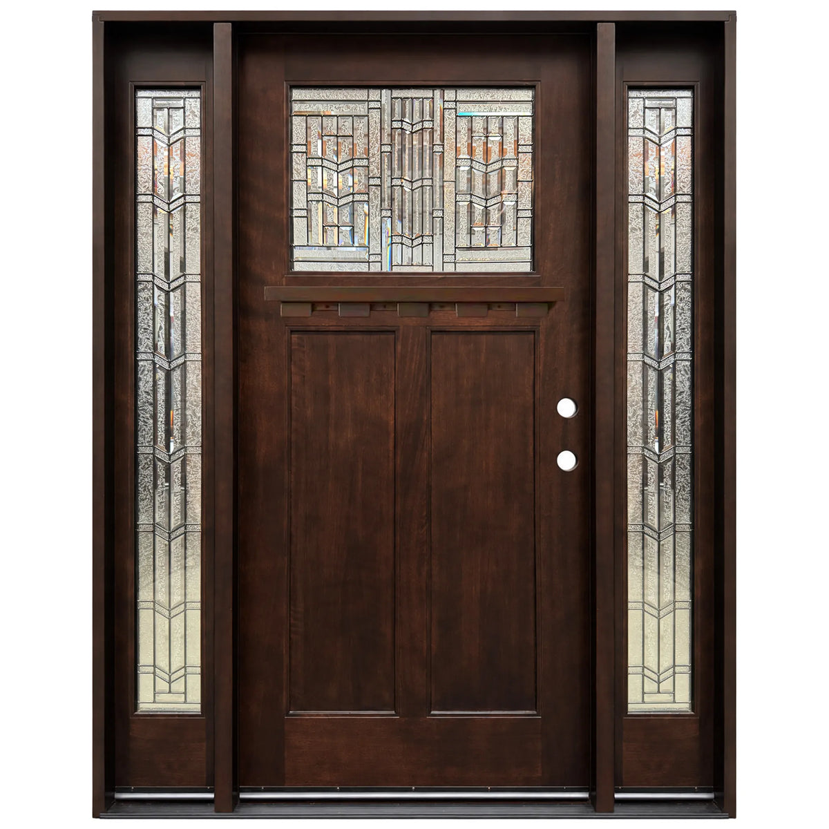 Front entry door with two sidelights and decorative glass panels, classic exterior front view, Lefthand inswing
