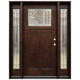 Front entry door with two sidelights and decorative glass panels, classic exterior front view, Lefthand inswing