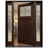 Single wood front door with two sidelights with decorative glass and dark walnut stain with door slightly opened to the right for Brookside door