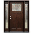 Front entry door with two sidelights and decorative glass panels, classic exterior front view