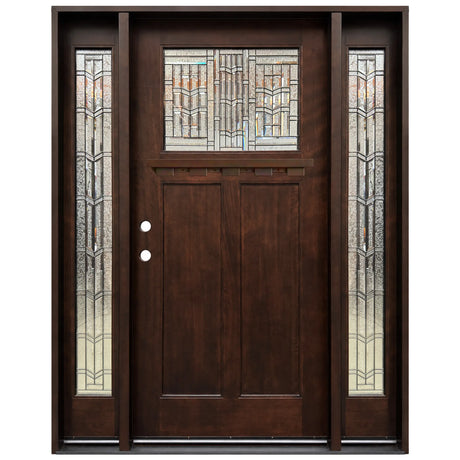 Front entry door with two sidelights and decorative glass panels, classic exterior front view
