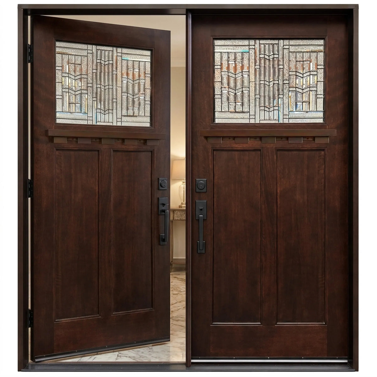 Solid wood double front entry door with the left door slightly opened on Brookside door