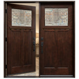 Solid wood double front entry door with the left door slightly opened on Brookside door