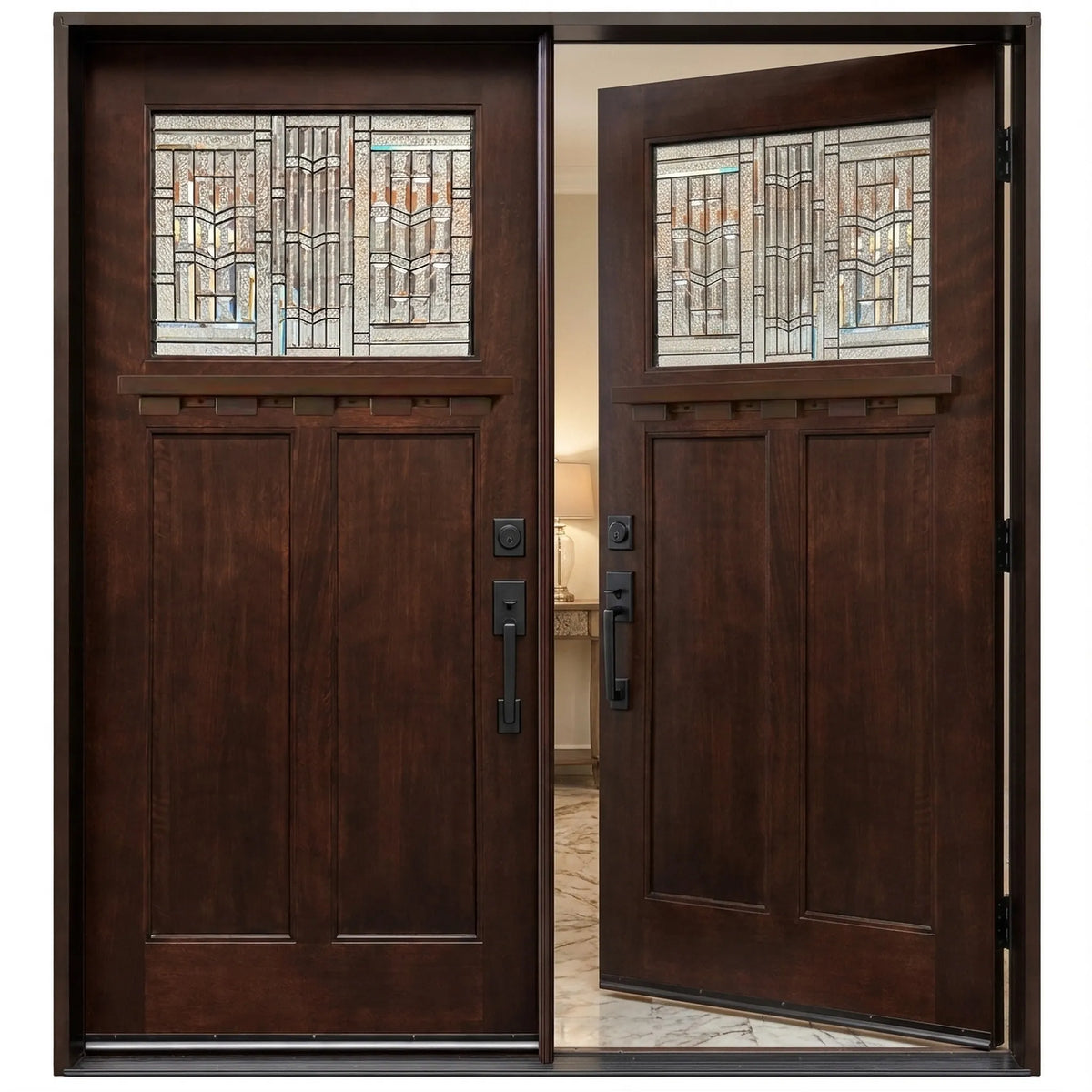 Solid wood double front entry door with the right door slightly opened on Brookside door