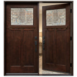 Solid wood double front entry door with the right door slightly opened on Brookside door