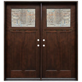 Double front entry door with decorative glass panels and classic styling, straight-on exterior view