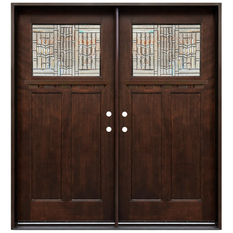Double front entry door with decorative glass panels and classic styling, straight-on exterior view