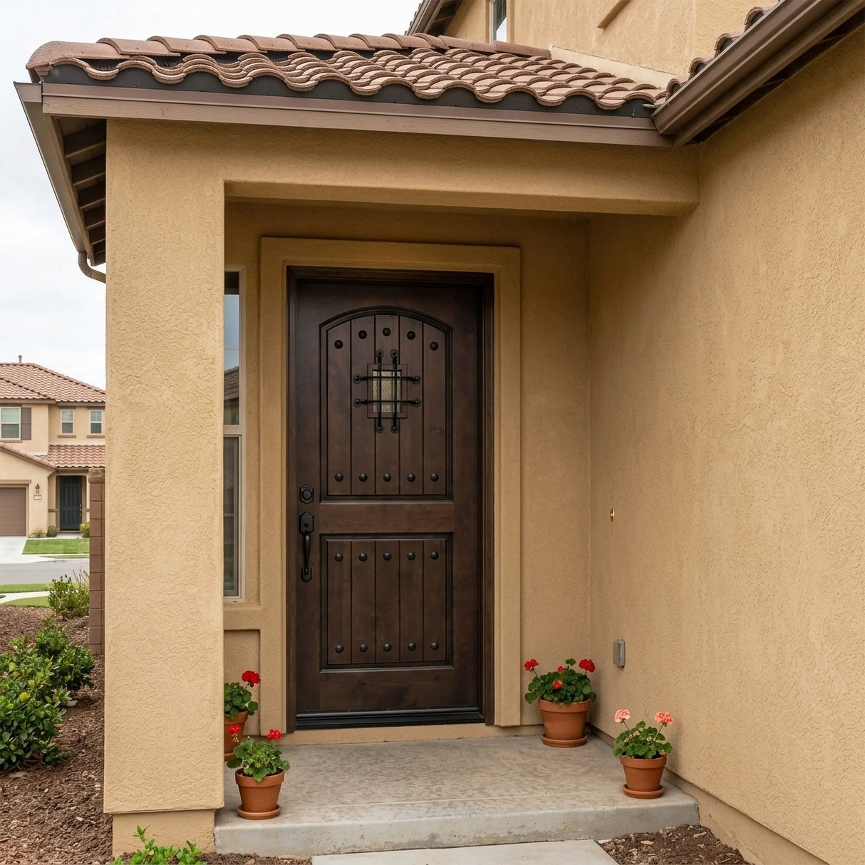 Solid wood front entry door installed on home exterior featuring a speakeasy