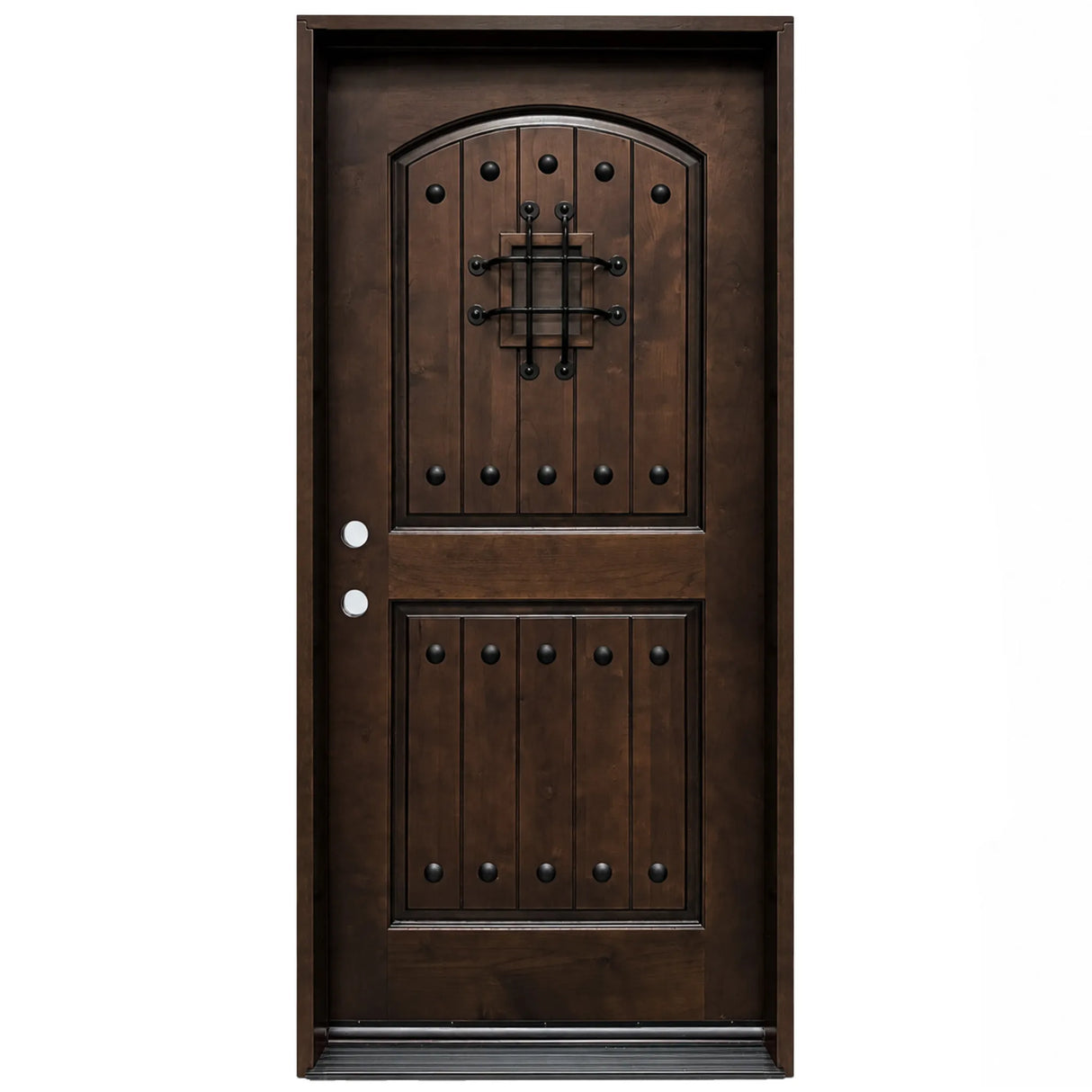 Single front entry door with decorative glass panel and castle-style design, straight-on exterior view