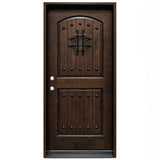 Single front entry door with decorative glass panel and castle-style design, straight-on exterior view