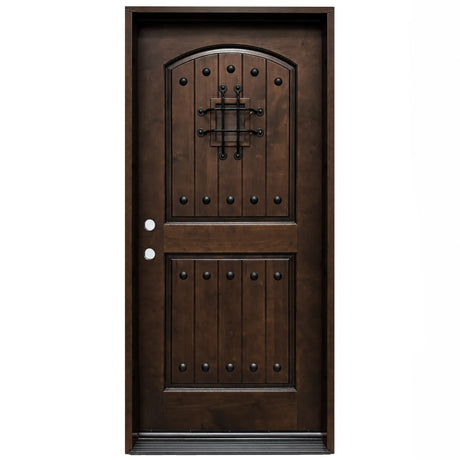 Single front entry door with decorative glass panel and castle-style design, straight-on exterior view