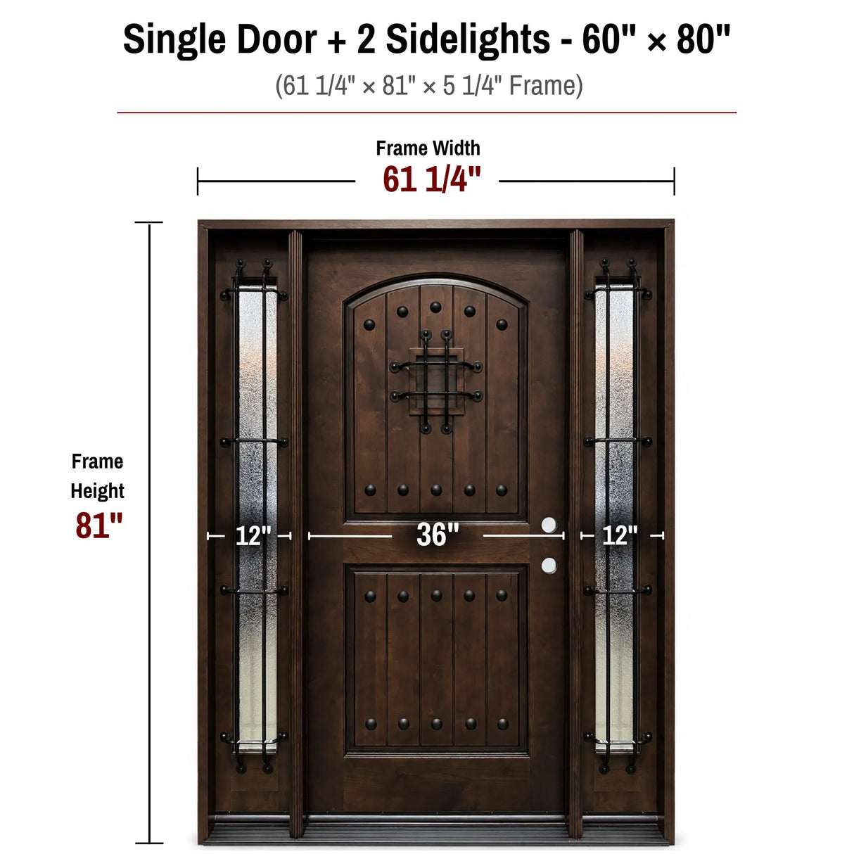 60 x 80 solid wood front entry door with two sidelights dimensions and frame size diagram