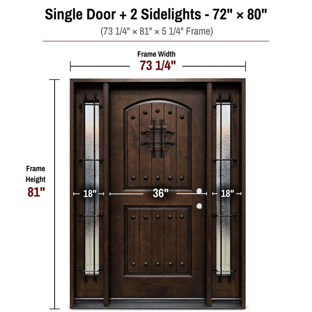 72 x 80 solid wood front entry door with two sidelights dimensions and frame size diagram