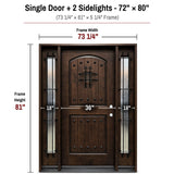 72 x 80 solid wood front entry door with two sidelights dimensions and frame size diagram