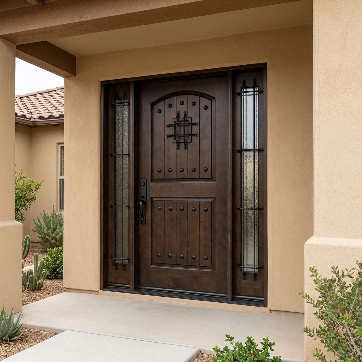 Solid wood front entry door with sidelights installed on home exterior featuring speakeasy