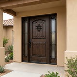 Solid wood front entry door with sidelights installed on home exterior featuring speakeasy