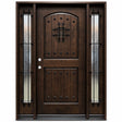 Front entry door with two sidelights and decorative glass panels, castle-style design with classic detailing, straight-on view