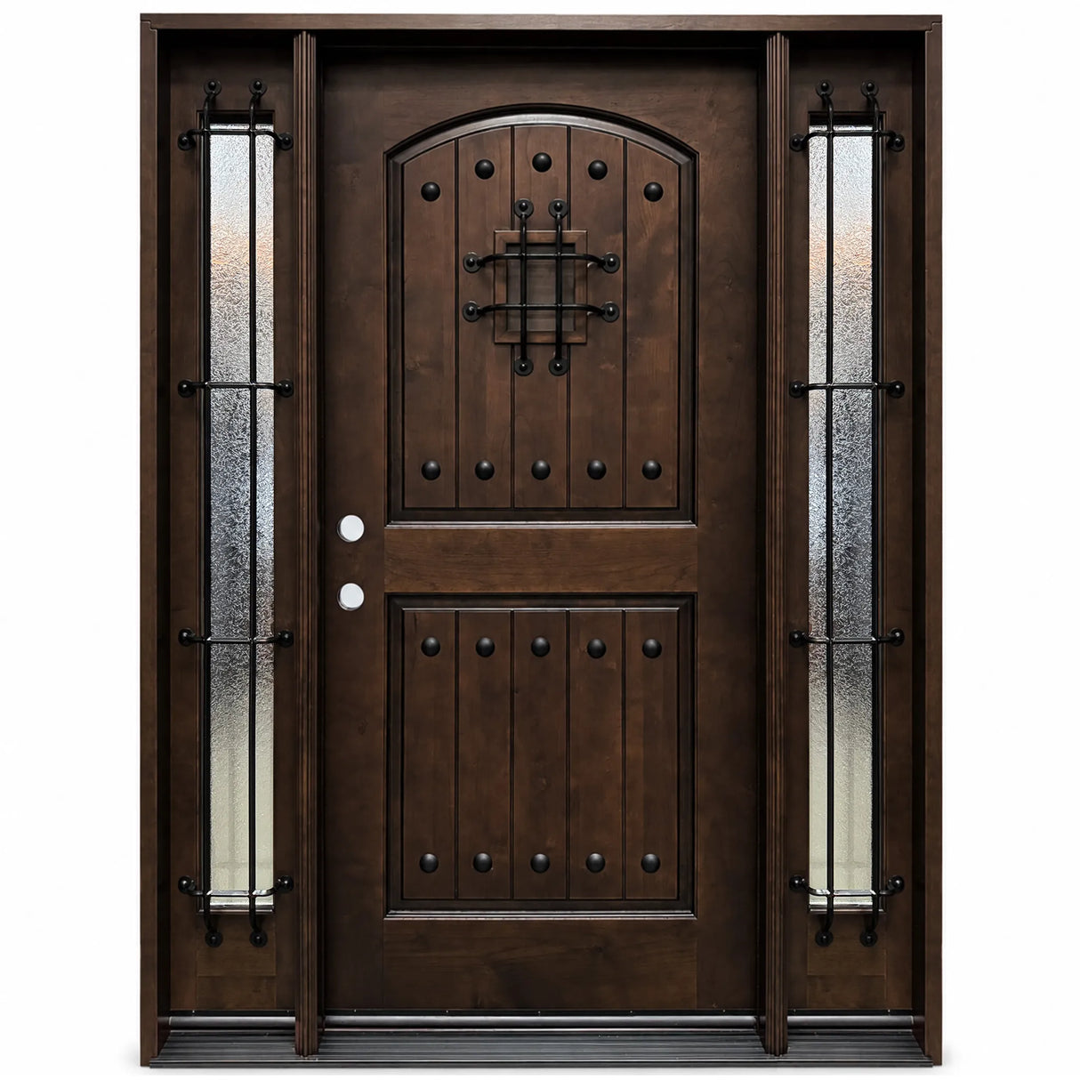 Front entry door with two sidelights and decorative glass panels, castle-style design with classic detailing, straight-on view