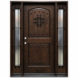 Front entry door with two sidelights and decorative glass panels, castle-style design with classic detailing, straight-on view