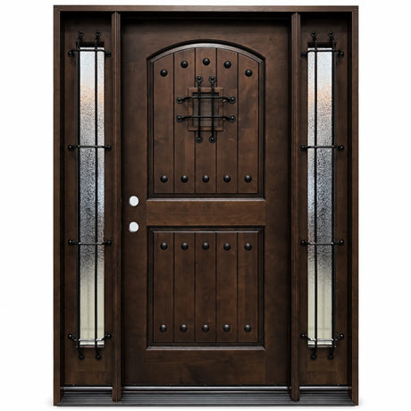 Front entry door with two sidelights and decorative glass panels, castle-style design with classic detailing, straight-on view