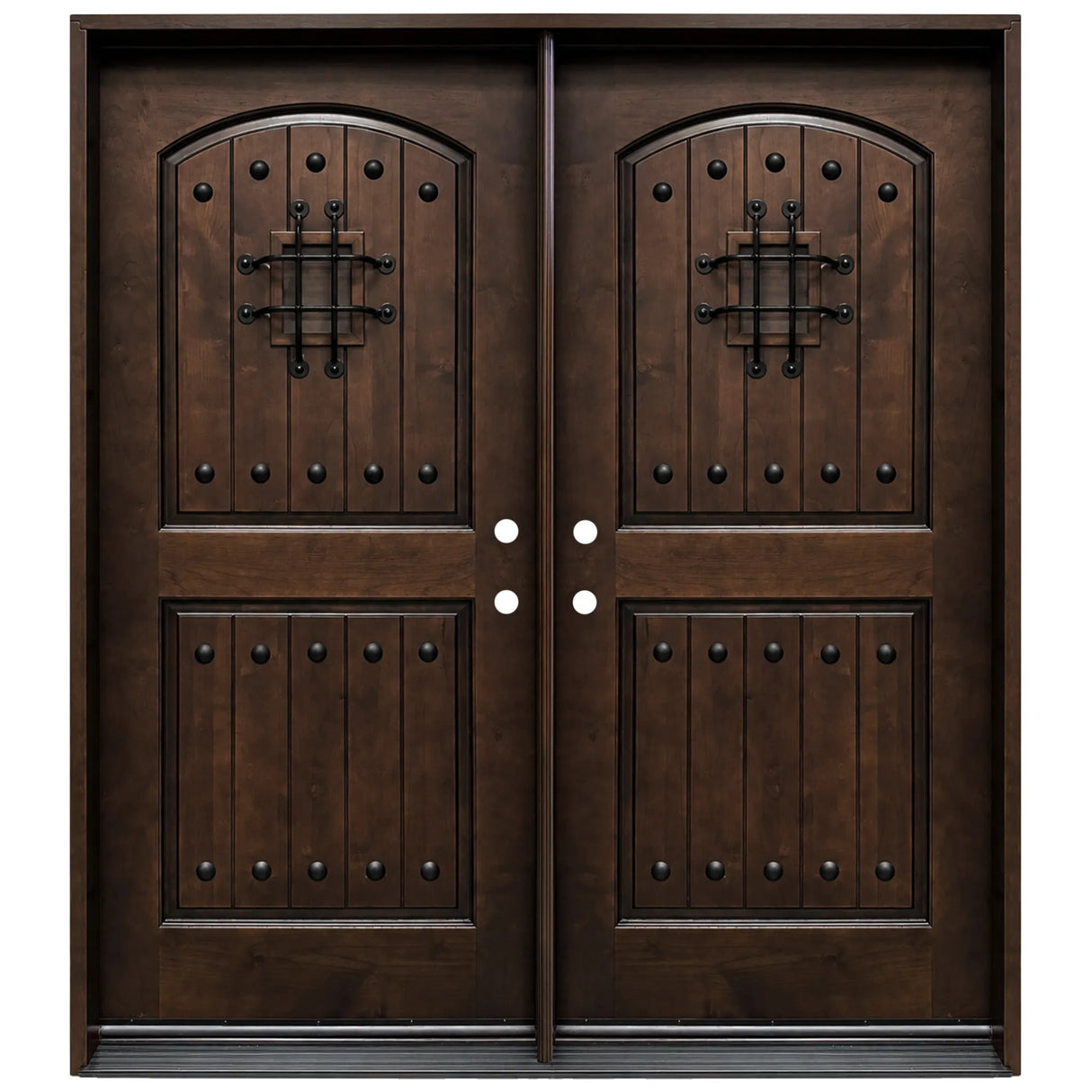 Double front entry door with decorative glass panels and castle-style design, straight-on exterior view