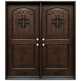 Double front entry door with decorative glass panels and castle-style design, straight-on exterior view