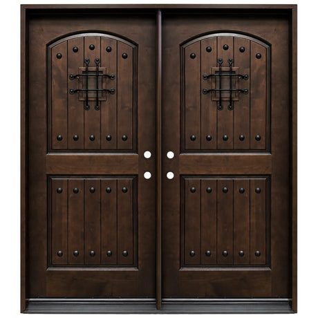 Double front entry door with decorative glass panels and castle-style design, straight-on exterior view