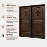 Solid wood front entry door features and benefits infographic highlighting mahogany construction, speakeasy, and prehung design