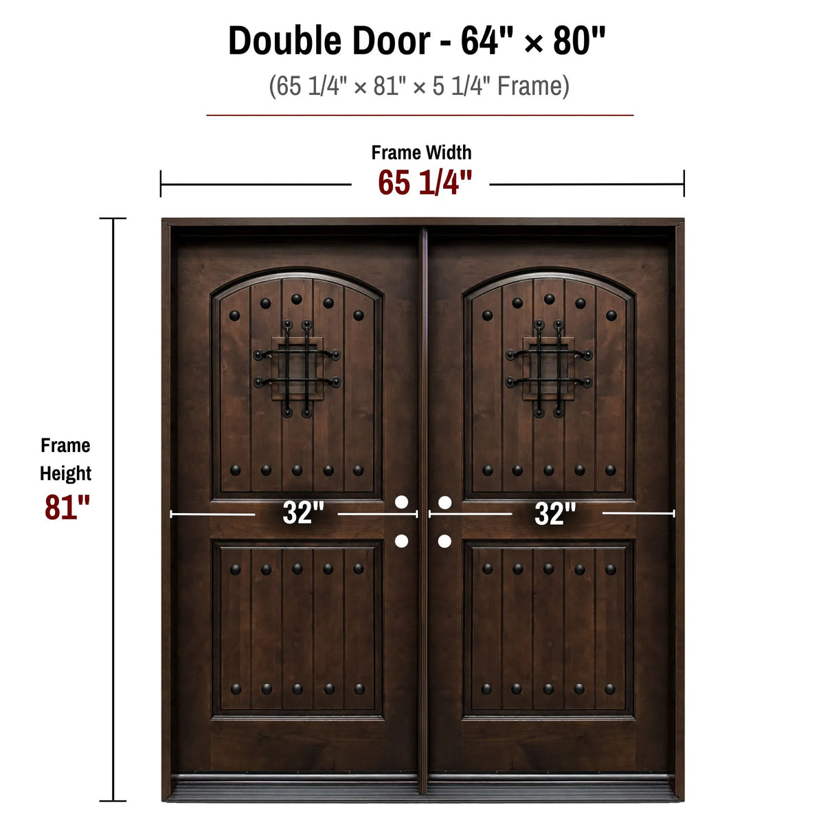 64 x 80 solid wood double front entry door dimensions and frame size diagram