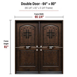64 x 80 solid wood double front entry door dimensions and frame size diagram