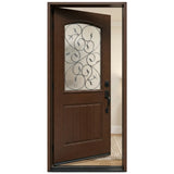 Single fiberglass door with decorative glass and dark walnut stain with door slightly opened to the left fd04