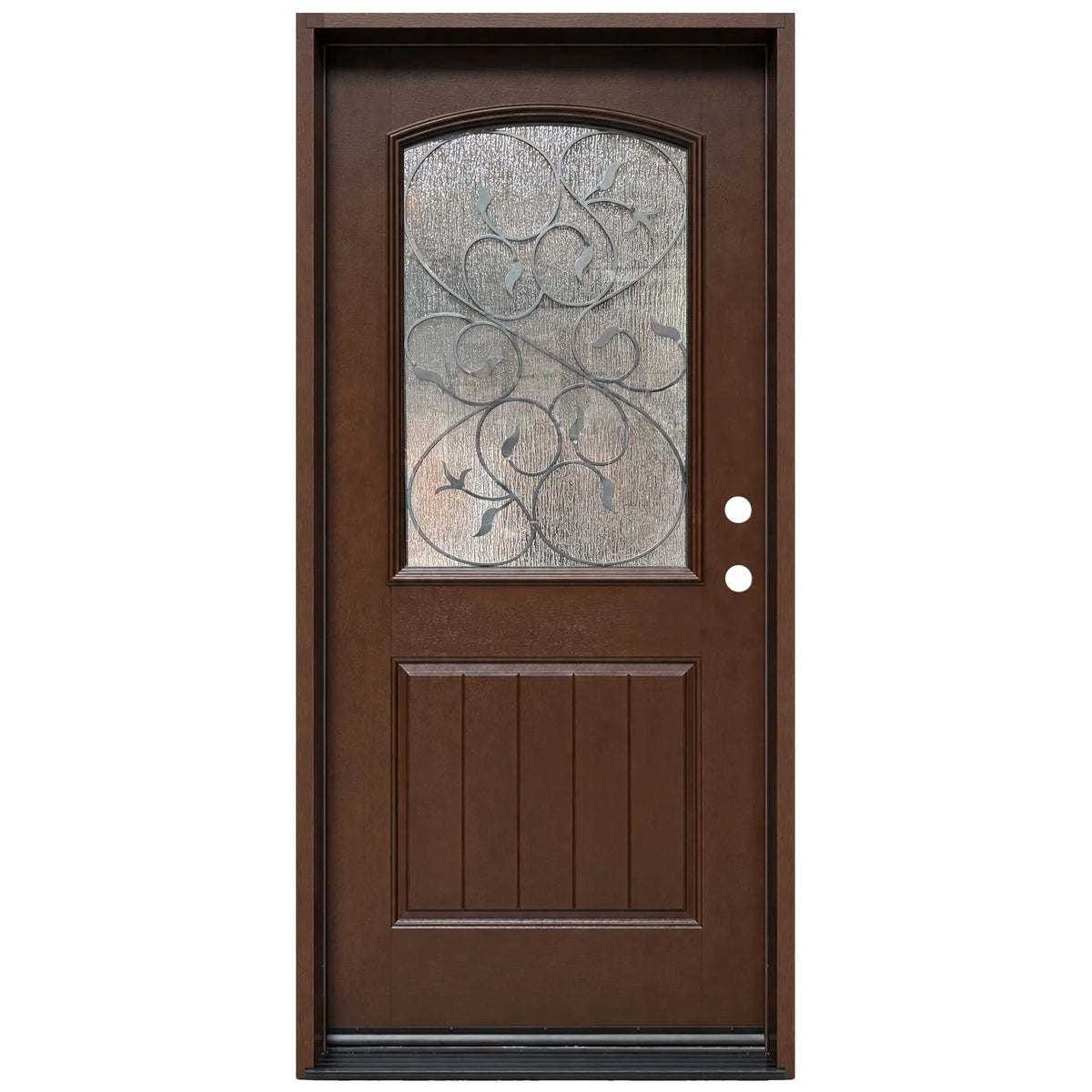 Fiberglass single front entry door with decorative wrought iron glass panel and wood grain finish, front view, lefthand inswing