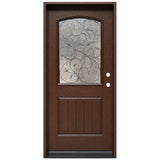 Fiberglass single front entry door with decorative wrought iron glass panel and wood grain finish, front view, lefthand inswing