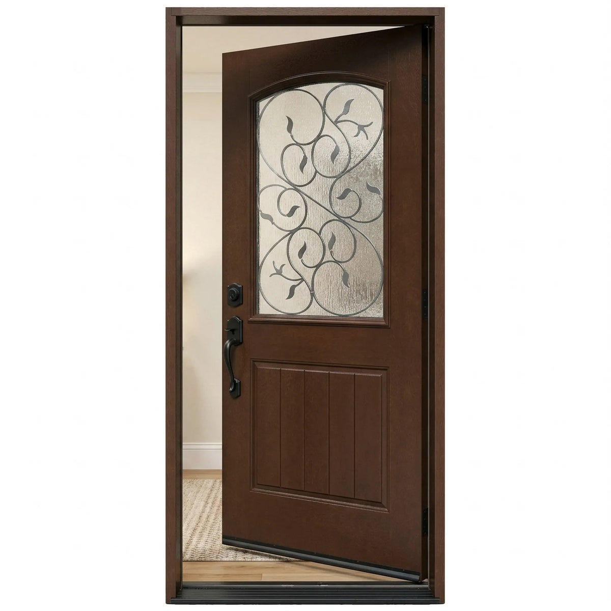 Single fiberglass door with decorative glass and dark walnut stain with door slightly opened to the right fd04