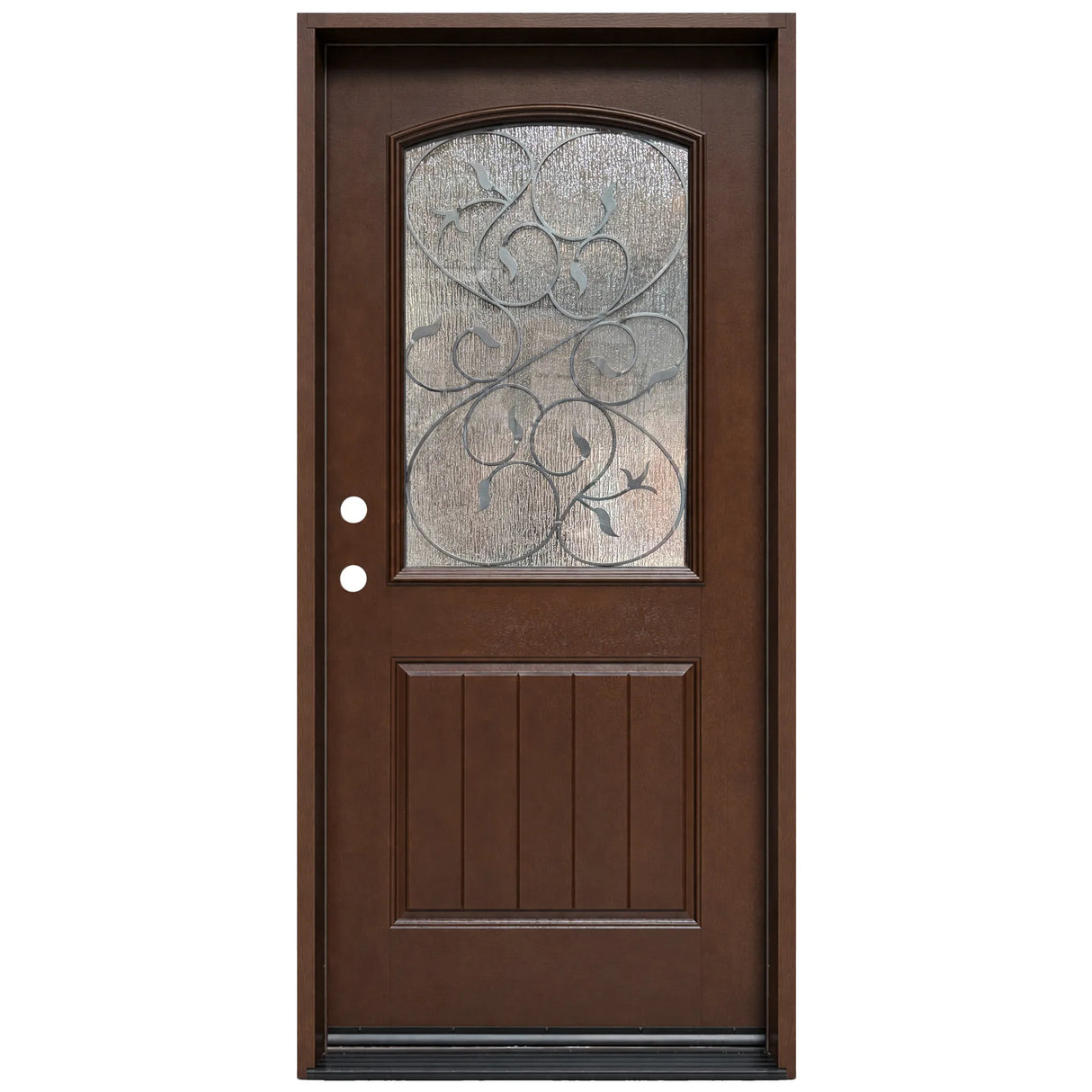 Fiberglass single front entry door with decorative wrought iron glass panel and wood grain finish, front view
