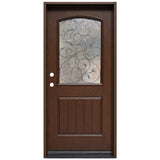 Fiberglass single front entry door with decorative wrought iron glass panel and wood grain finish, front view