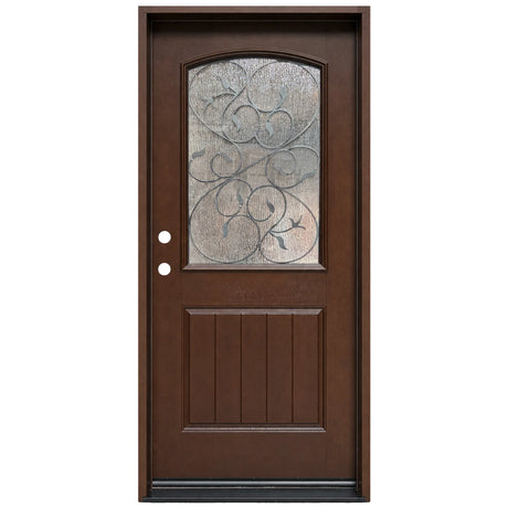 Fiberglass single front entry door with decorative wrought iron glass panel and wood grain finish, front view