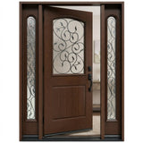Single fiberglass front door with two sidelights with decorative glass and dark walnut stain with door slightly opened to the left fd04
