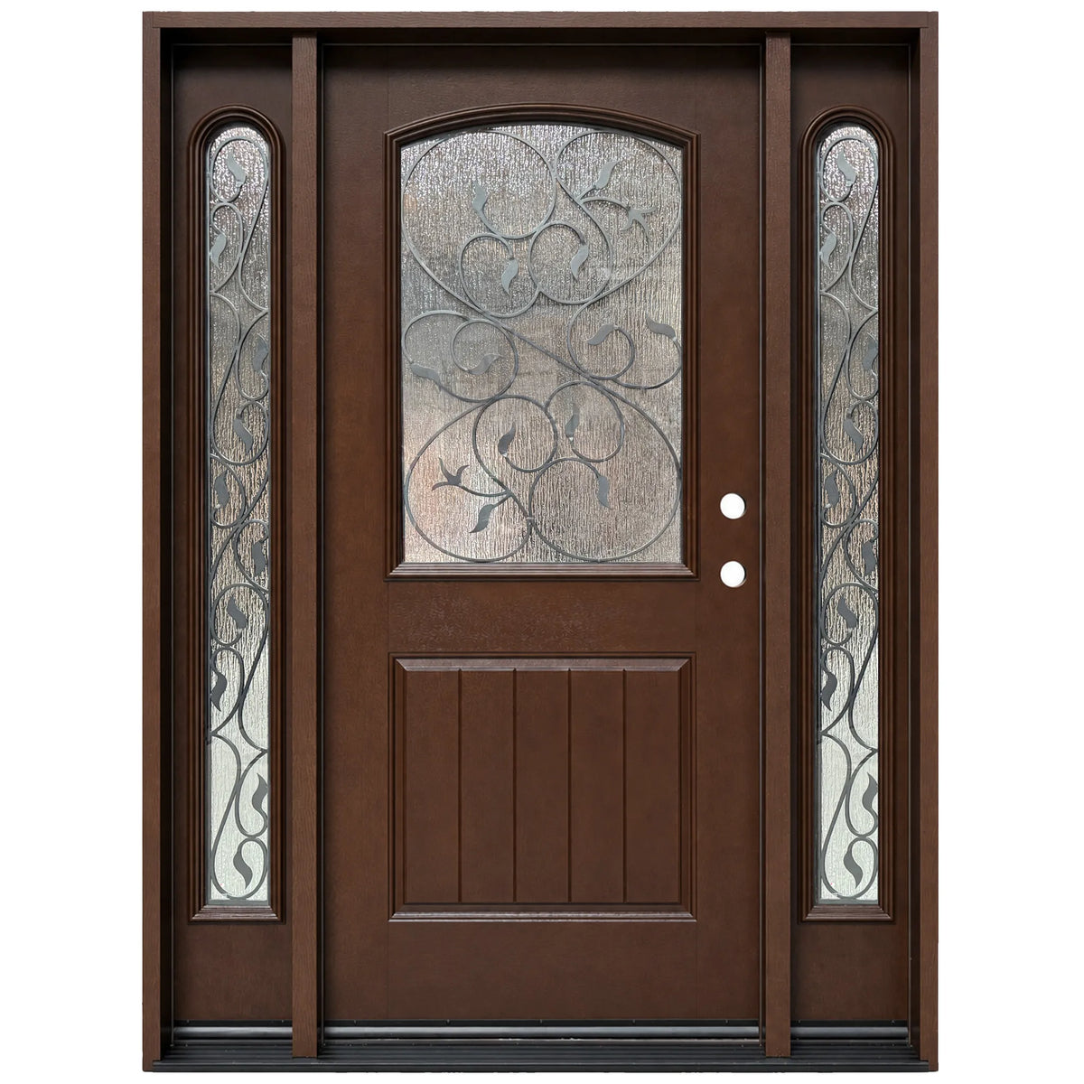 Fiberglass front entry door with two sidelights, decorative wrought iron glass, and wood grain finish, front view, lefthand inswing